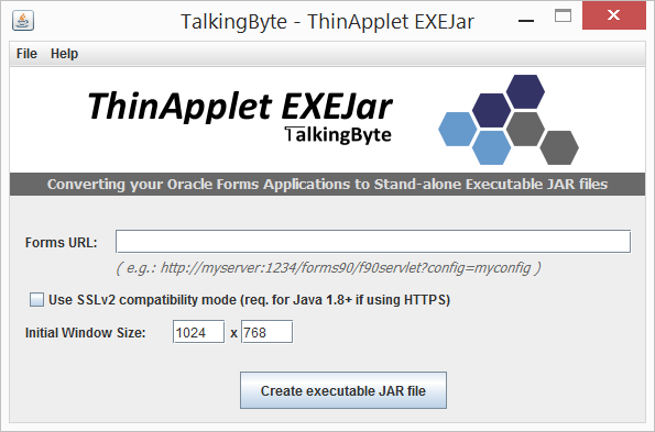 ThinApplet EXEJar desktop application: enter a Forms URL and create an executable JAR file