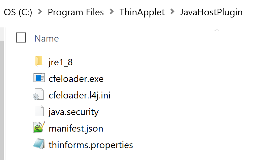 Windows Explorer showing C:\Program Files\ThinApplet\JavaHostPlugin containing jre1_8, cfeloader.exe, cfeloader.l4j.ini, java.security, manifest.json and thinforms.properties